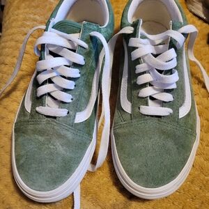 Green Suede Low-Top Sneakers with White Accents